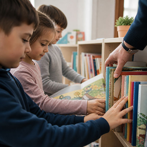 Copii așezând cărți noi pe raftul unei biblioteci