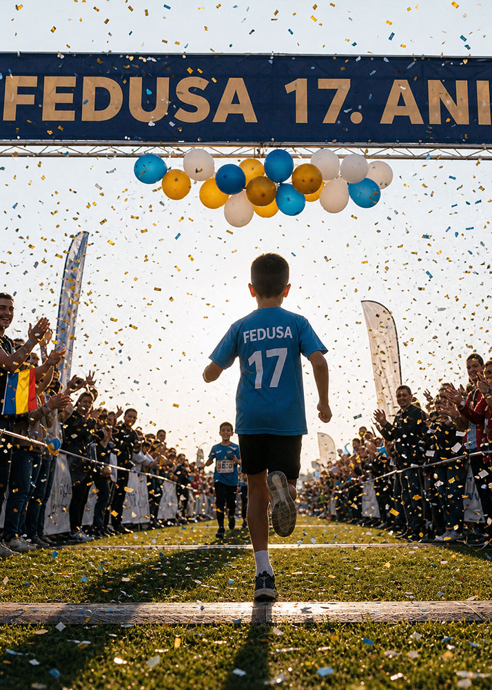Copil trecând linia de sosire la evenimentul aniversar FEDUSA 17 ani