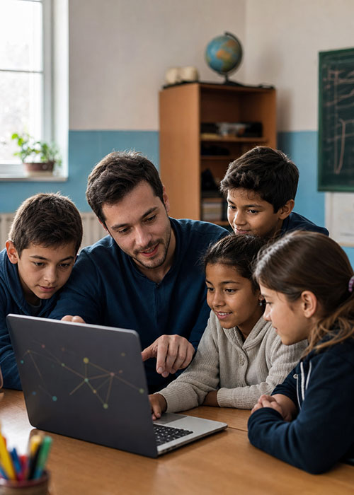 Specialist IT susținând o activitate digitală pentru elevi